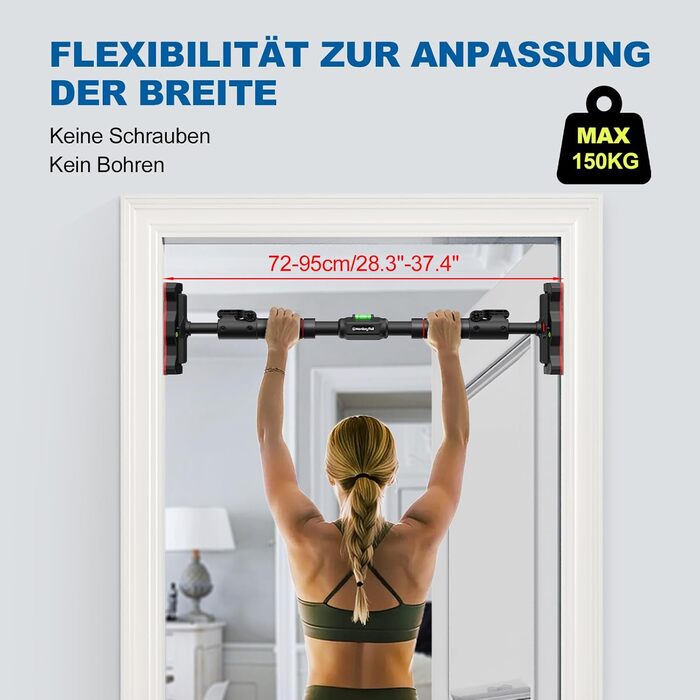 Кімнатна турнік MonkeyTail для дверного прорізу 72-95 см, без свердління, з 360° замком та PVC-килимком, вантажопідйомність 150 кг, багатофункціональний турнік