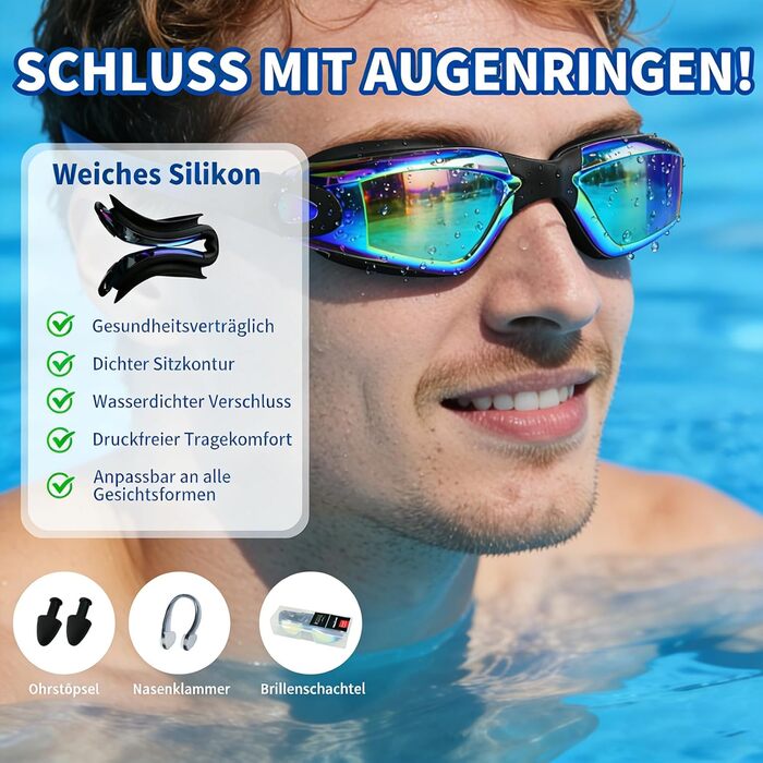 Окуляри для плавання унісекс для дорослих, професійні окуляри для снорклінгу з UV-захистом, антизапітніння, захист від протікання, чіткий огляд, м'які носові упори (блакитний+рожевий)