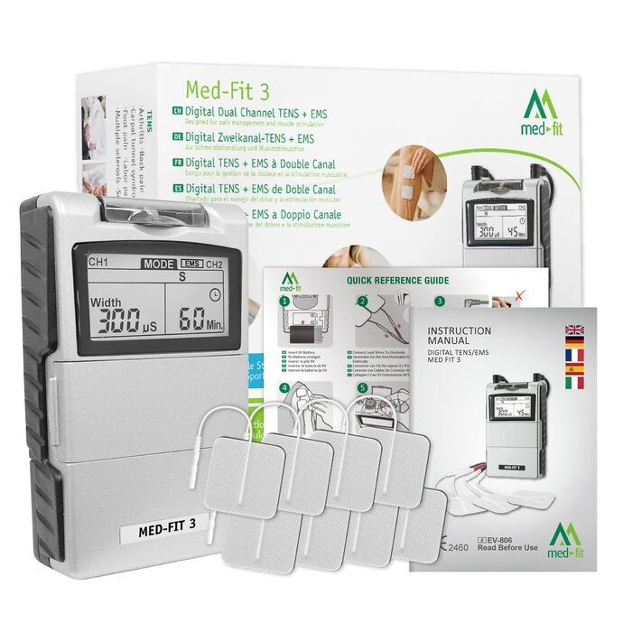 Med-Fit 3 TENS + EMS Апарат для електростимуляції м'язів та знеболення (2 канали) - медичний прилад IIa класу для лікування болю в спині, ішіасу, артрозу, шиї, плечей та нарощування м'язів