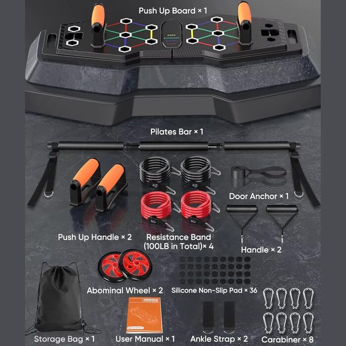 Дошка для віджимань Push Up Board: багатофункціональна дошка 25-в-1 для фітнесу, Pilates Bar, ролики для пресу та еспандери. Професійні тренажери для дому