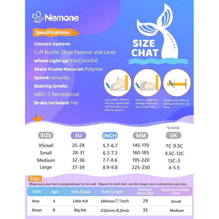 Роликові ковзани NEMONE для дівчаток, розміри 32-36 EU, блакитний/фіолетовий, регульовані, для дому та вулиці