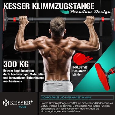 KESSER Турнік для дверей, розсувний, 68-106 см, до 300 кг, з антиковзкими ручками та резистивними стрічками, без свердління