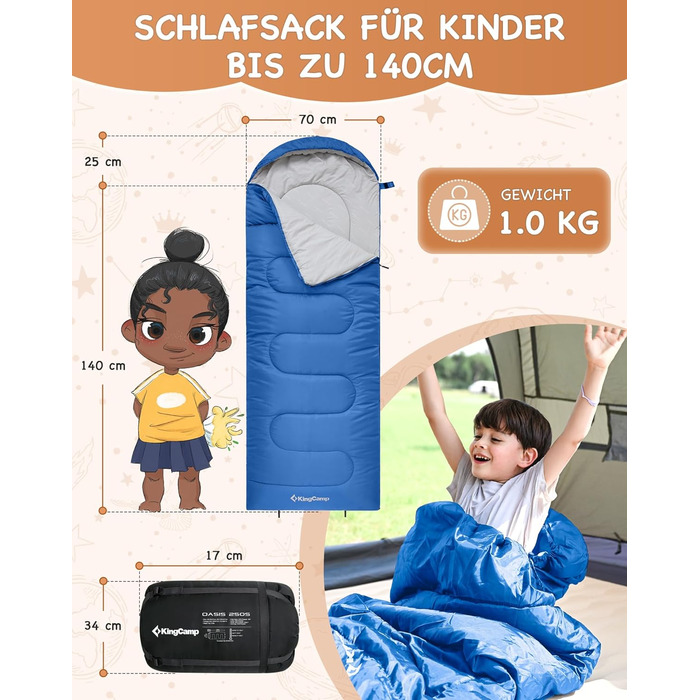 Сплячий мішок KingCamp для дітей, легкий, теплий, 3-4 сезони, для кемпінгу та піших прогулянок (Блакитний L)