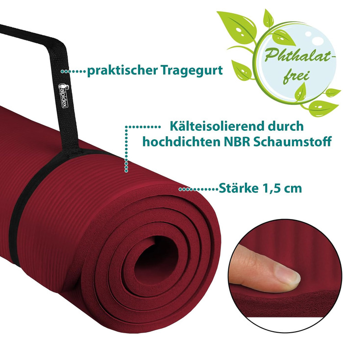 ALPIDEX Килимок для йоги 1,5 см, бордовий, нековзкий, фітнес, гімнастичний, для пілатесу, HIIT, без фталатів, з ременем, 190×100 см