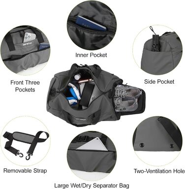 Спортивна сумка для жінок та чоловіків з жорстким матеріалом, дорожня сумка з відділенням для взуття, 2 вентиляційні отвори та відділення для мокрого одягу, водонепроникна сумка-вікендер, спортивна сумка/сума для плавання/сауни (Зелений) (Сірий)