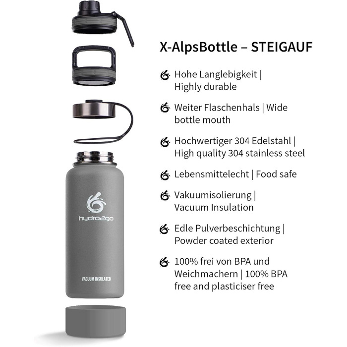 Гідрофляга hydro2go X-AlpsBottle 1 л з нержавіючої сталі – вакуумна термобутилка з 3 кришками, подвійними стінками, для спорту та туризму, Stone Grey