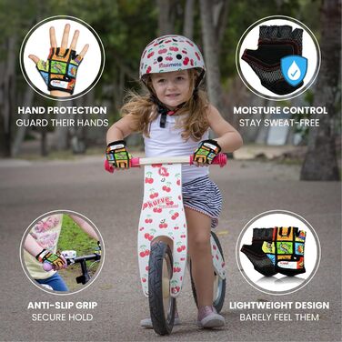 Дитячі велосипедні рукавички KIDDIMOTO без пальців для хлопчиків та дівчаток, розмір M (4-8 років), з принтом комікс