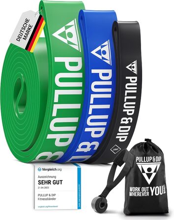 Набір фітнес-резинок PULLUP & DIP для тренувань: 3 рівні опору (Light, Medium, Strong), з чохлом, дверним якорем і посібником, для підтягувань, кросфіту, каллістеніки