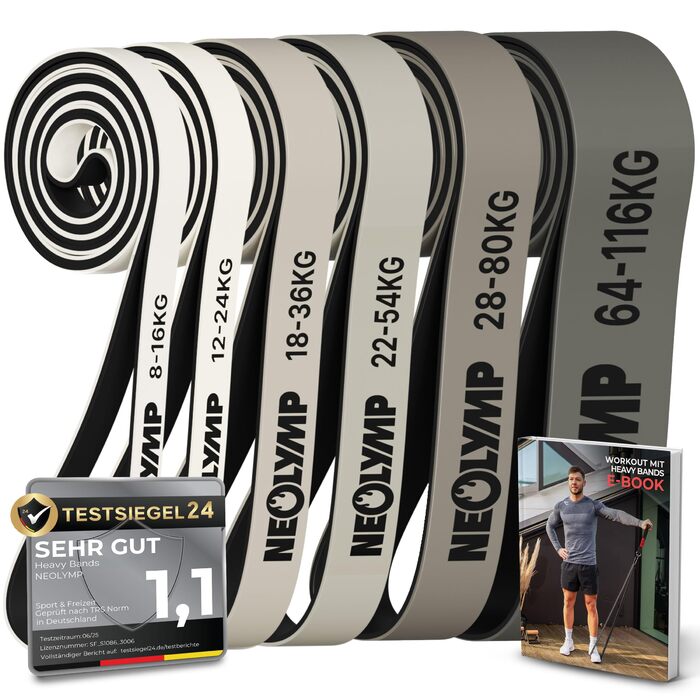 Резинки для фітнесу Neolymp: набір 6 шт. з електронною книгою | Латекс, 8-116 кг