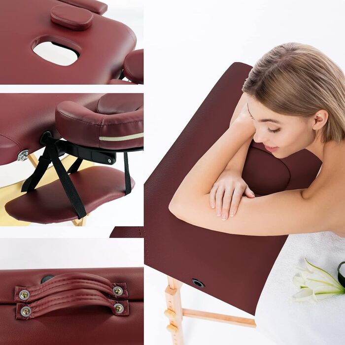 Масажне ліжко VENDOMNIA з дерев'яними ніжками, 3 зони, регулювання висоти, включаючи якісну подушку, сумку, підлокітники, вибір кольору, складане, для масажу, ліжко для процедур, Бургунді