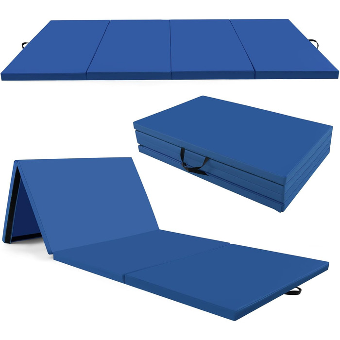 Складаний гімнастичний мат COSTWAY 300x120x5 см, PU-шкіра, клейкі застібки, ручки для перенесення, для фітнесу, йоги, синій