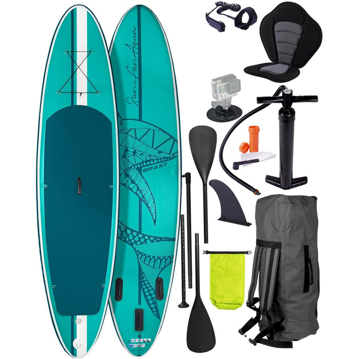 Надувний SUP Board BRAST Shark | Комплект для станд-ап паділбордингу | 320x81x15 см | 8 дизайнів | 5 років гарантії | з аксесуарами | 2в1: SUP Board та каяк | тримач для Action Cam, ланцюг для ніг, насос, рюкзак | Колір: блакитний