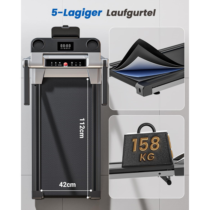 Складне бігове доріжки для дому Klappbar 16 km/h, Walking Pad Foldable з нахилом 6%, бігове доріжки 158 KG велика площа бігу 112 * 42cm, бігове доріжки тихе для дому та офісу (Срібно-Чорний)