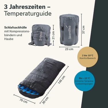 Спальний мішок Skandika Dundee Junior для дітей | Теплий, м'який, водонепроникний, 175 x 70 см, діапазон комфорту 13-3°C, чорно-блакитний в клітинку