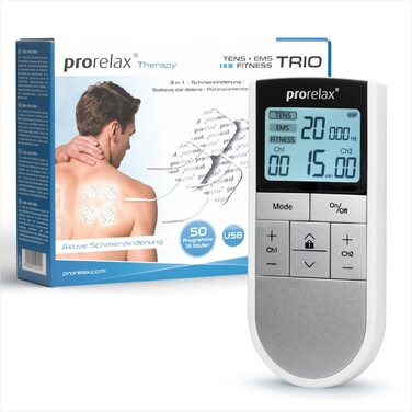Prorelax TENS/EMS Trio: електростимулятор для релаксації, м'язів та зняття болю | 3 терапії, 50 програм, 16 рівнів інтенсивності