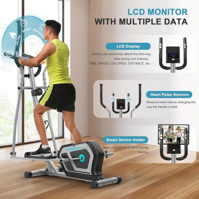 Еліптичний тренажер Crosstrainer 3-в-1 для дому з LCD-монітором та регулюванням навантаження до 287 кг (Срібний)