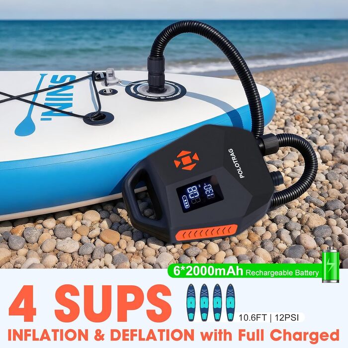 Електричний насос для сапборду (SUP) 20 PSI, акумуляторний, 12000 mAh, з функцією накачування та здуття, для каяків, помаранчевий