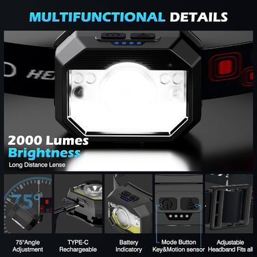 Налобний ліхтар LED MLIAIMCE 2 шт. 2000 люменів, 18 режимів, водонепроникний IPX4, для бігу, походів, кемпінгу, риболовлі