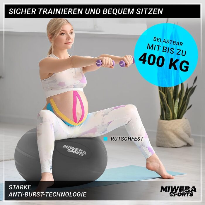 Гімнастичний м'яч Miweba Sports GB-100, 65 см, до 400 кг, сірої, з ПВХ — фітнесбол, ергономічний м'яч-стілець для офісу та тренувань