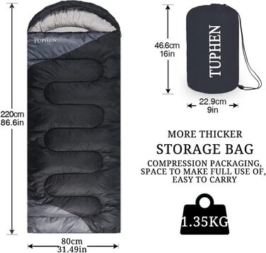 Спальний мішок 3-4 сезони для дорослих та дітей - легкий, водонепроникний, для кемпінгу та подорожей (86.61''x31.49'', темно-сірий)