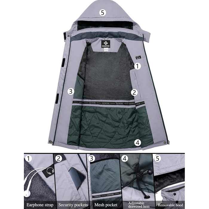 Жіноча лижна куртка GEMYSE: водонепроникна, вітронепроникна, з флісовою підкладкою, для активного відпочинку на снігу (XXL, Чорно-сірий)