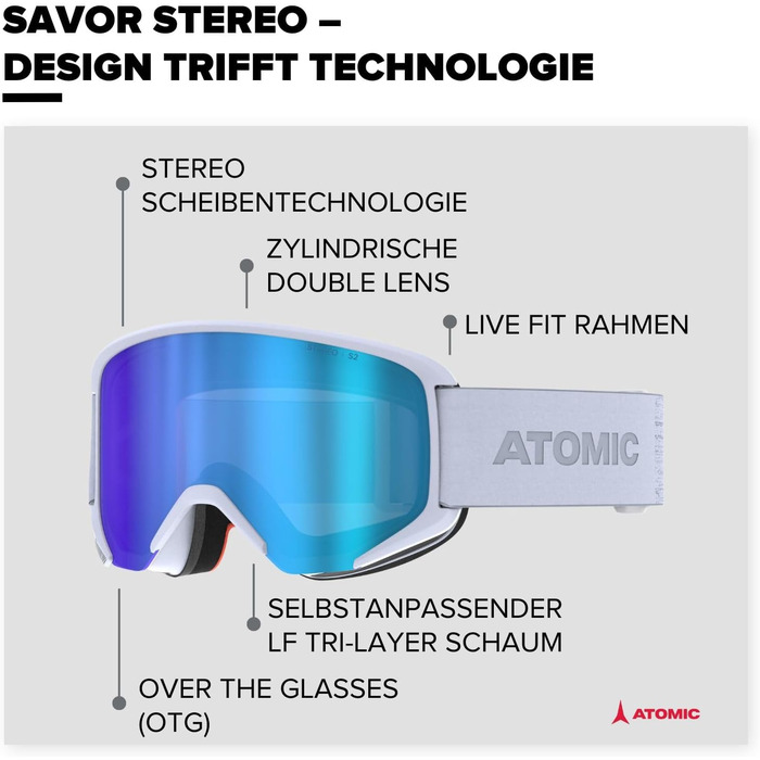 Лижна маска ATOMIC SAVOR STEREO для окулярів, антиблікова, світло-сіра, з дзеркальним покриттям, Live Fit, OTG