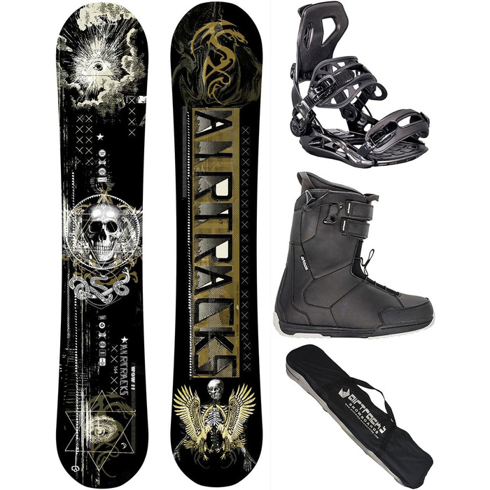 Airtracks Сноубордний комплект для чоловіків Freeride/Freestyle з карбоновим сердечником + кріплення Master + черевики + сумка SB 155/160/164 см (Сноуборд 160 см, черевики Master QL 44)
