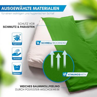 Спальний мішок NORDMUT® для подорожей: ультралегкий, з мікрофібри або бавовни, дихаючий, з кишенькою для подушки (зелений, поліестер)