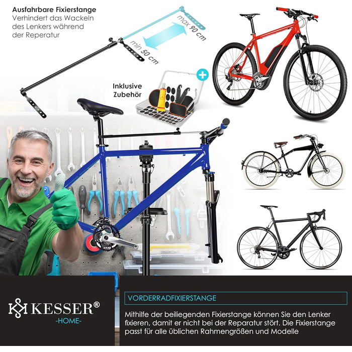 Підставка для збирання велосипедів KESSER® Profi Alu: міцна, 360° обертання, для гірських та електровелосипедів, з сумкою та набором для ремонту