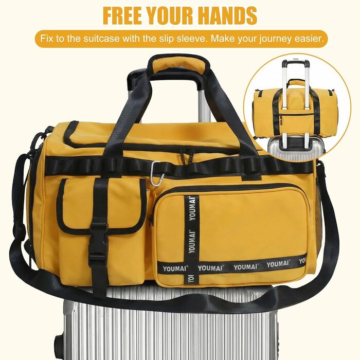 Спортивна сумка для подорожей 65Л з відділенням для взуття та вологих речей, велика сумка для залу, плавання та поїздок (Жовта)
