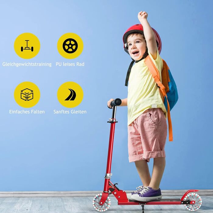 Дитячий ролер GOPLUS Roller Kinder 4 роки з LED-колесами, гальмом та підніжкою, регульований, 2 кг, до 70 кг (Червоний)