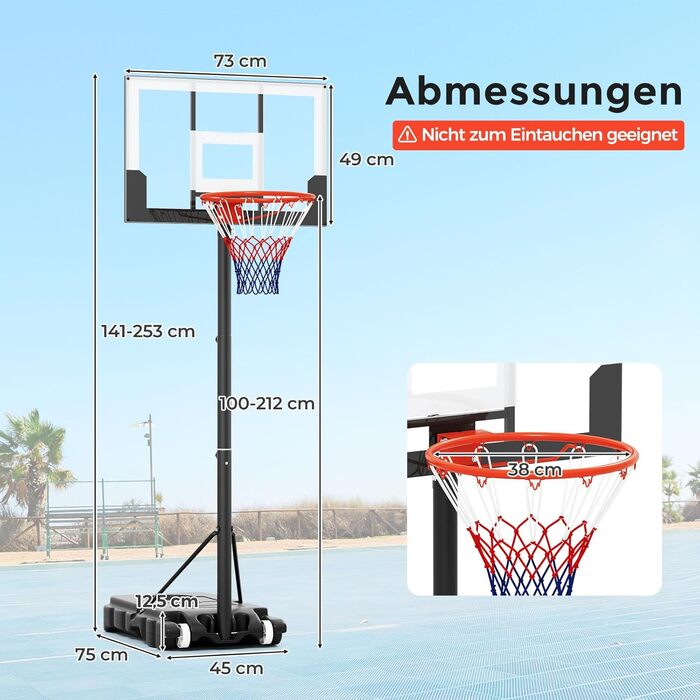 Кош для баскетболу Costway Outdoor, регульована висота 155-210/170-230 см, мобільна баскетбольна установка з роликами, для дітей та юнаків 100-212 см