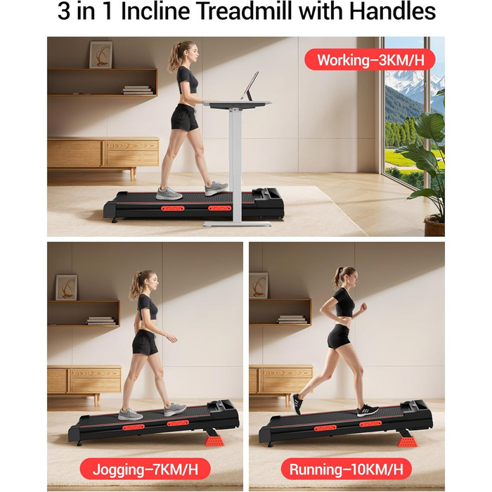 Walking Pad з нахилом 15% та швидкістю 10 км/год: компактний біговий тренажер для дому та офісу, LED-дисплей, пульт дистанційного керування, 2.5PS, максимальне навантаження 136 кг, тиха робота