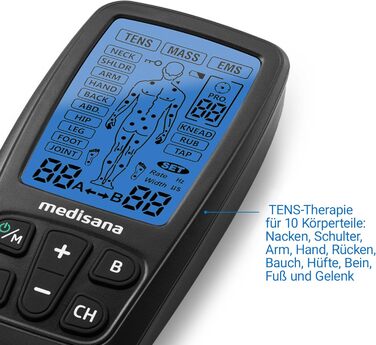 Medisana TT 205 TENS/EMS: електростимулятор для зняття болю та розслаблення м'язів. Комплект з 4 електродними подушечками. Тренувальний пристрій для нарощування м'язів.