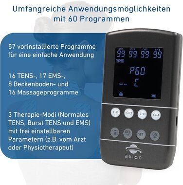 Апарат TENS EMS STIM-PRO X9B з 4 каналами та 8 електродів для болісної терапії, масажу та м'язового стимулювання - axion® (3) X9B