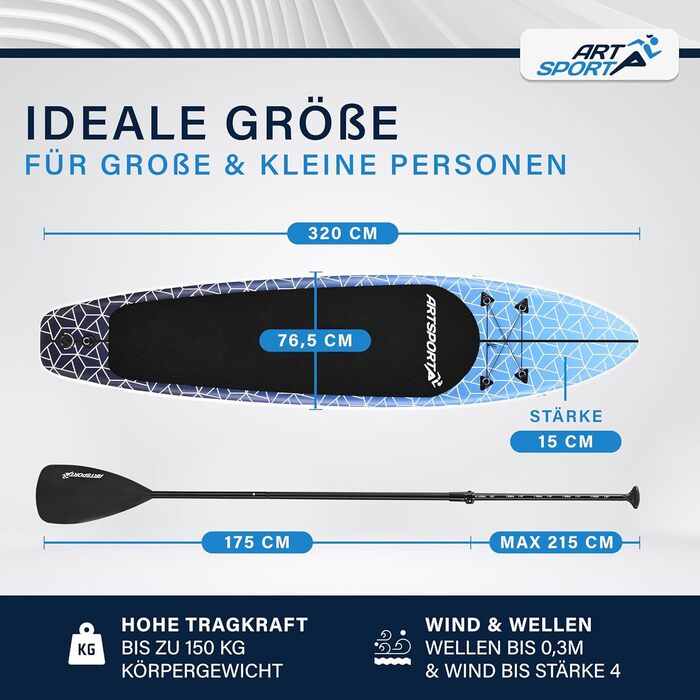 Надувна SUP-дошка ArtSport 320 см, 150 кг, комплект – весло, насос, ремінь, сумка, аксесуари