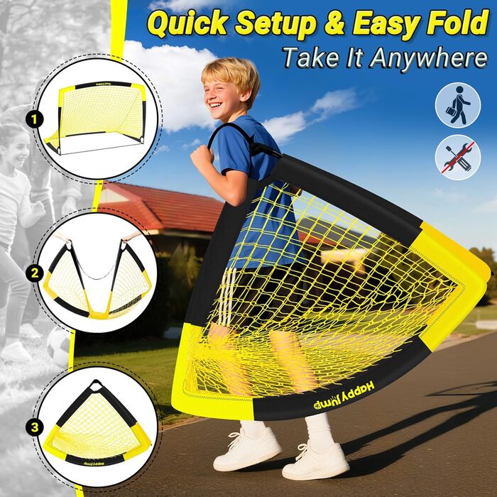 Ворота для футболу Happy Jump Pop-Up – складані, для дітей та дорослих | 1 або 2 ворота: 120x90 / 152x110 / 213x152 см | З м'ячем, насосом, конусами та мішенню | Для саду та подарунка