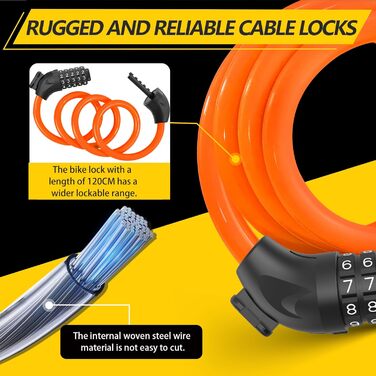 Замки для велосипеда з кодом 12 мм/120 см, протиугінний кабельний замок з 5-значним кодом, вологостійкий числовий замок-кабель для велосипеда, електровелосипеда, дитячої коляски, драбини (Чорний) (Оранжевий)