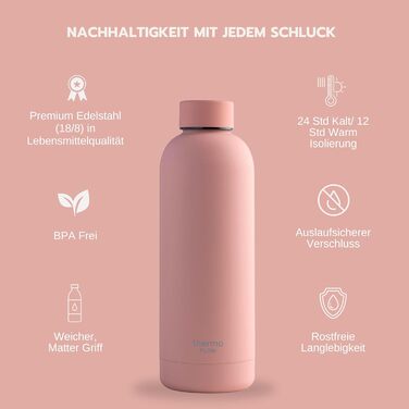 Термос-пляшка з нержавіючої сталі Thermo Flow 500 мл Blush Pink – ізольована, герметична, без BPA, для газованої води, дітей, школи та активного відпочинку