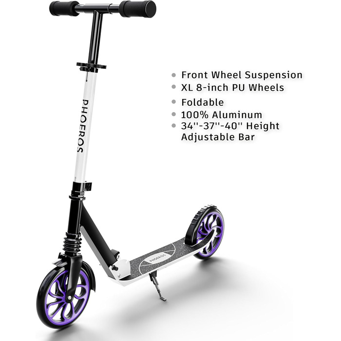 Дитячий трюковий самокат PHOEROS для дітей та дорослих, складний, з регулюванням висоти, амортизація, 200 мм колеса (білий)