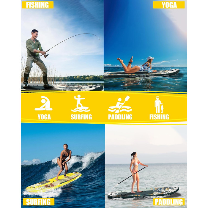 Надувний SUP-борд A&BBOARD з аксесуарами: насос, рюкзак, стабільний дизайн. Підходить для молоді та дорослих (жовтий + дракон)