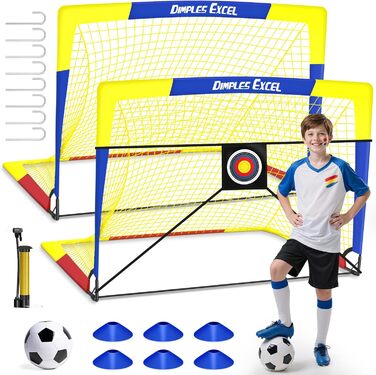 Ворота для футболу Dimples Excel Pop-Up – розкладні для дітей | Набір 1 або 2 шт. | Розміри 120x90 / 152x110 / 213x152 см | 3 кольори | З м'ячем, насосом, конусами та мішенню | Для саду та подарунка (2-120x90 блакитний+аксесуари)