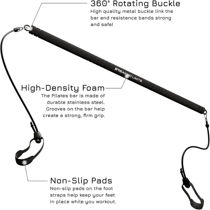 Пілатес Бар для фітнесу Breaking Limits - набір зі стійкою та 6 гумками для дому. Сталь, піна, чорний ремінь