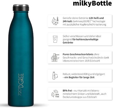 Термос-пляшка 720°DGREE MilkyBottle, 750 мл, нержавіюча сталь, без BPA, з герметичним закриттям, для газованих напоїв, спорту, університету, школи, фітнесу, відпочинку на природі, кемпінгу, колір: смарагдово-зелений