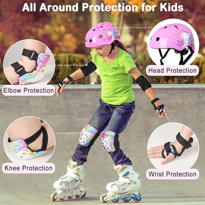 Дитячий шолом Unicorn Castle 7-в-1 з наколінниками, налокітниками та захистом зап'ястків для скейтборду, роликів, велосипеда (рожевий), 3-8 років