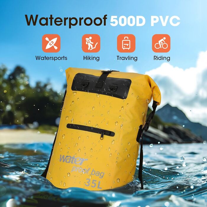 Водонепроникний рюкзак WELDUN 50L Rolltop Dry Bag з IPX8 чохлом для телефону, 35L, для каякінгу, кану, кемпінгу, трекінгу, хайкінгу, вітрильного спорту та інших водних видів спорту (Жовтий)