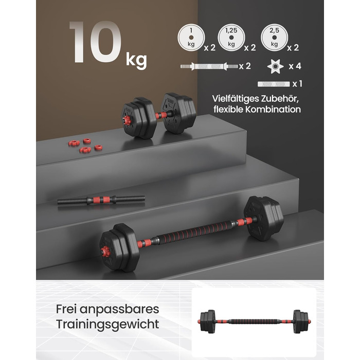 Набір гантелей SONGMICS з'єднаний штангою, шестигранний, 10-40 кг, для фітнесу та силових тренувань вдома та в спортзалі