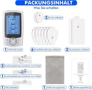 EMS масажер TENS: електрична стимуляція м'язів з 36 програмами, 10 електродів для ніг, спини, плечей