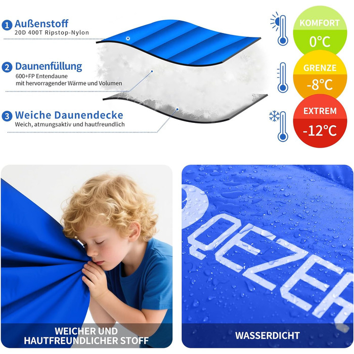 Сплячий мішок пуховий теплий зимовий 0°C -23°C для дорослих та дітей, 4 сезони, кемпінг, відпочинок на природі, чорний, сапфіровий блакитний