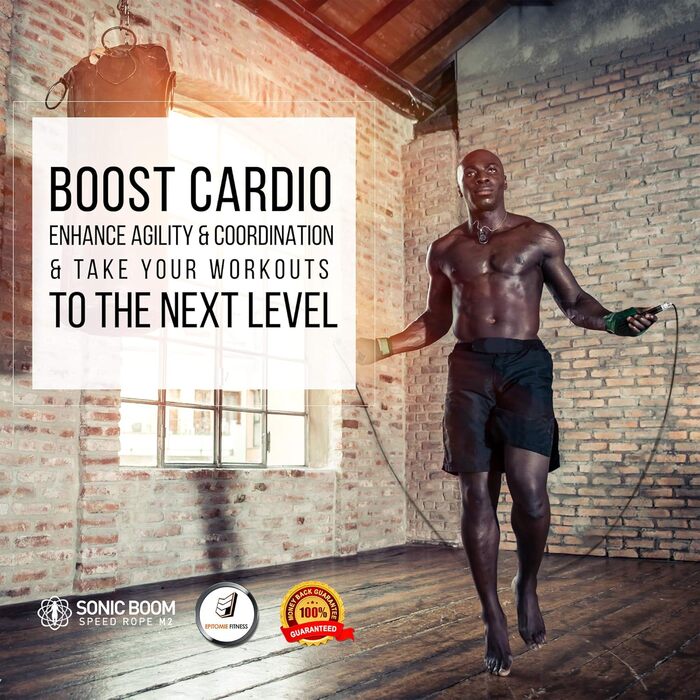 Скакалка для фітнесу Epitomie Fitness Sonic Boom M2, важена, з силіконовою ручкою, 360° обертів, 2 швидкісні троси, для дому, чорна